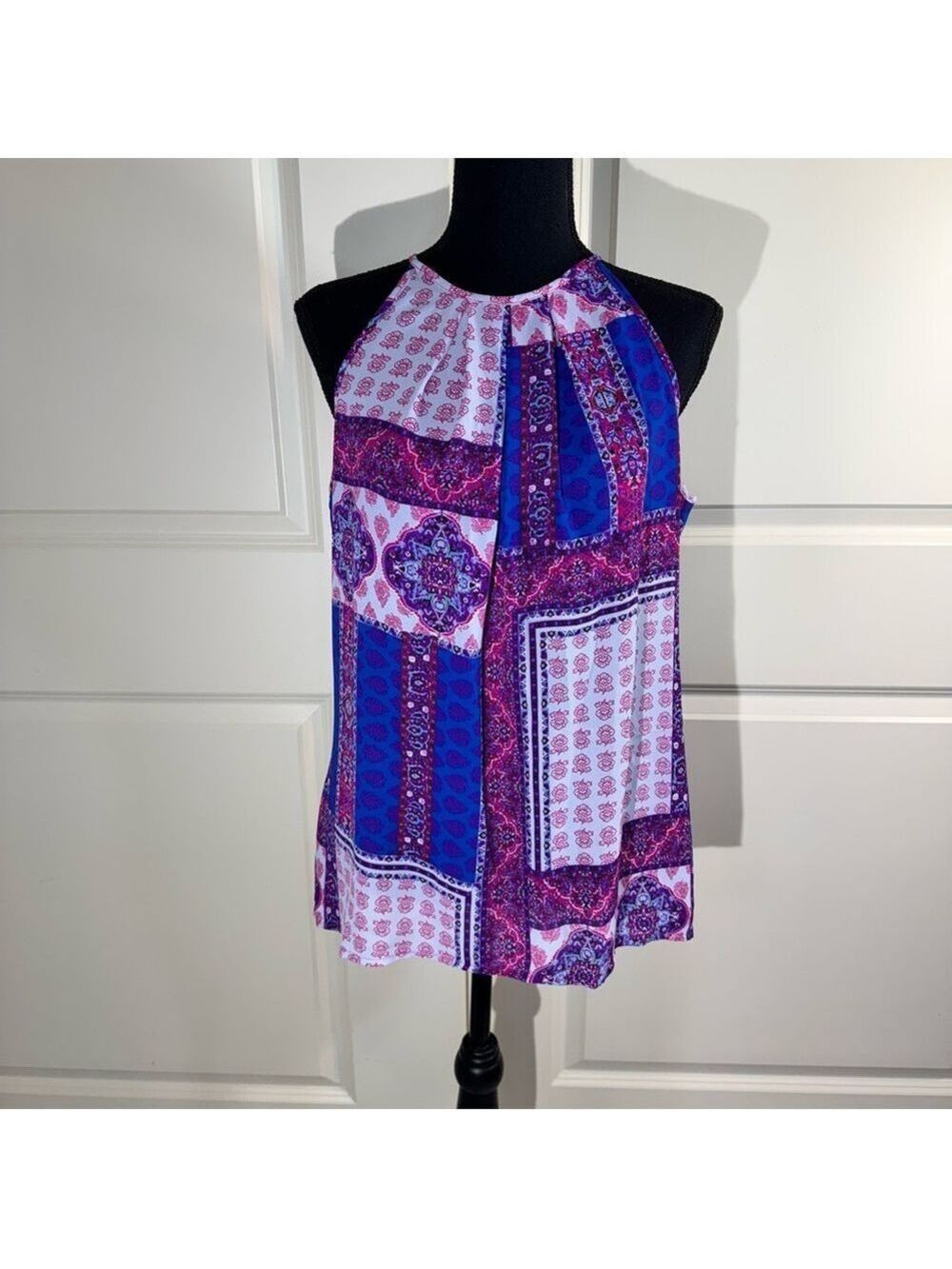 Violet & Claire Boho Mandala Floral Blue, White,Pink and Purple Halter Top Med